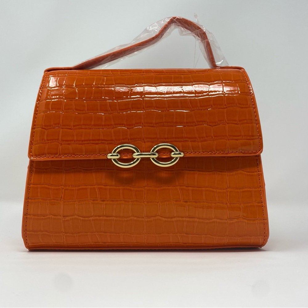 JustFab Crossbody Chain Hardware Top Handle Bag, Mandarin Orange, White